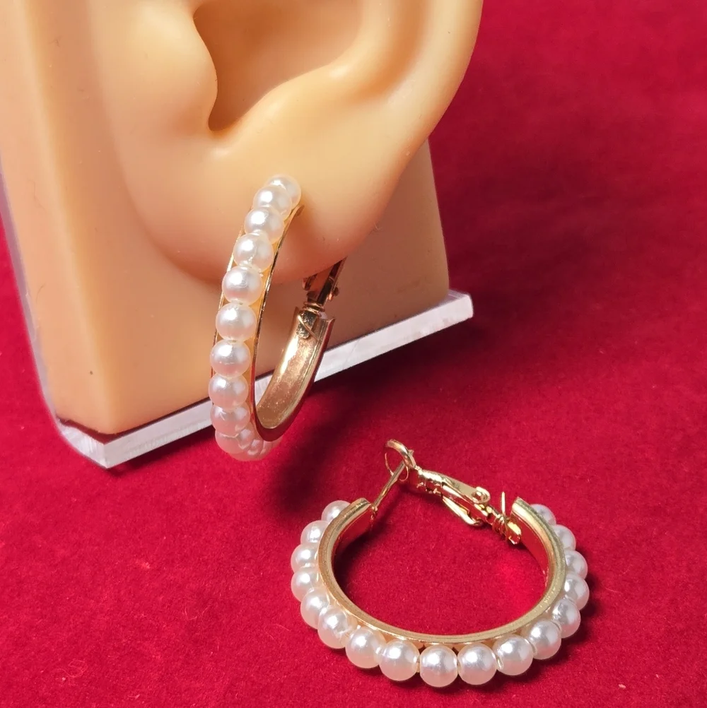 Gold Pearl Hoop Earrings Faux Pearl Trim Hinged Hoops Elegant Quiet Luxury Chic